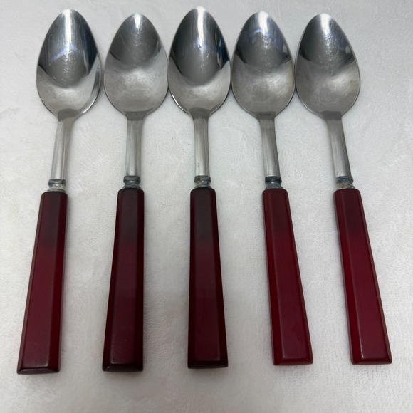 Unbranded Other - VTG Red Bakelite Handle Stainless Steel Spoons Set of 5 Mid-Century Art Deco